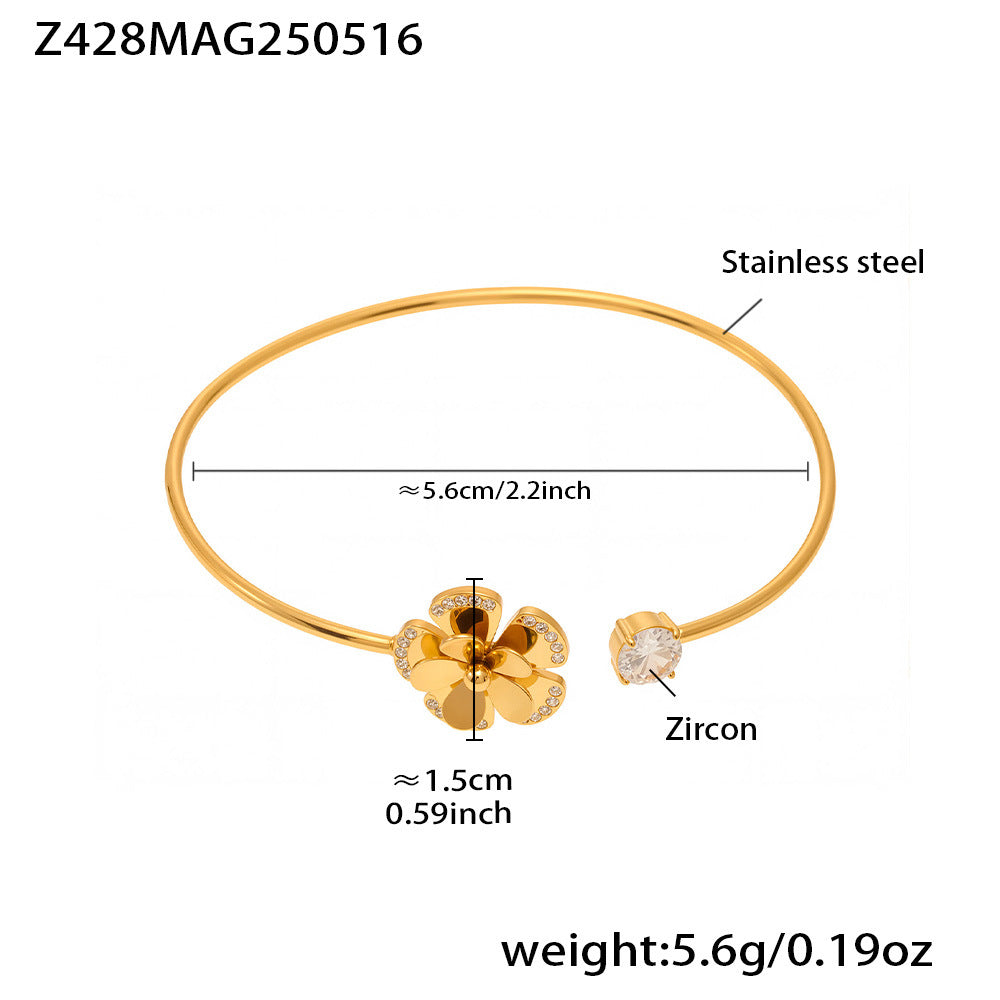 B廠【Z426】歐美INS風5A鋯石花朵帶鑽孔開口手鐲組合不鏽鋼鍍18k真金手鐲子 25.05-4