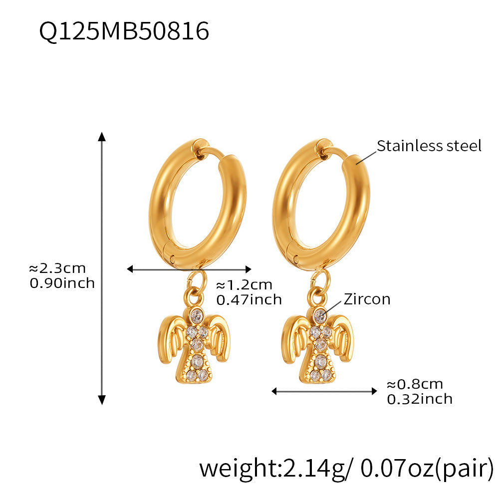 B廠【Q125】歐美飾品不鏽鋼扇形蝴蝶鑲鑽鋯石素圈耳環鍍18k真金不掉色 25.08-5