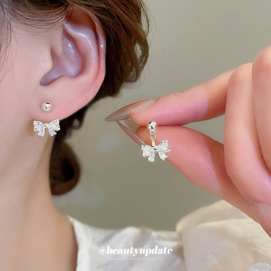 A廠【HE26292】925銀針鋯石蝴蝶結後掛式耳環小眾設計甜美超閃獨特耳環高級感耳飾女 25.05-2