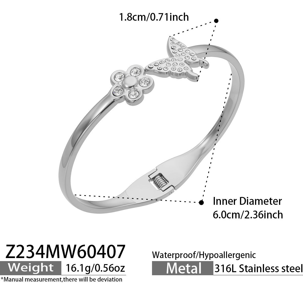 B廠【Z234】跨境時尚微鑲鋯石蝴蝶花朵彈簧開口手鐲網紅輕奢不鏽鋼18k金手環
26.04-3