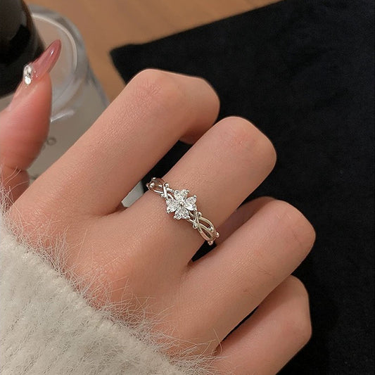 F廠【DQ8111R】足銀999荊棘四葉草戒指女時尚個性花鋯石食指戒百搭指環潮 25.06-3