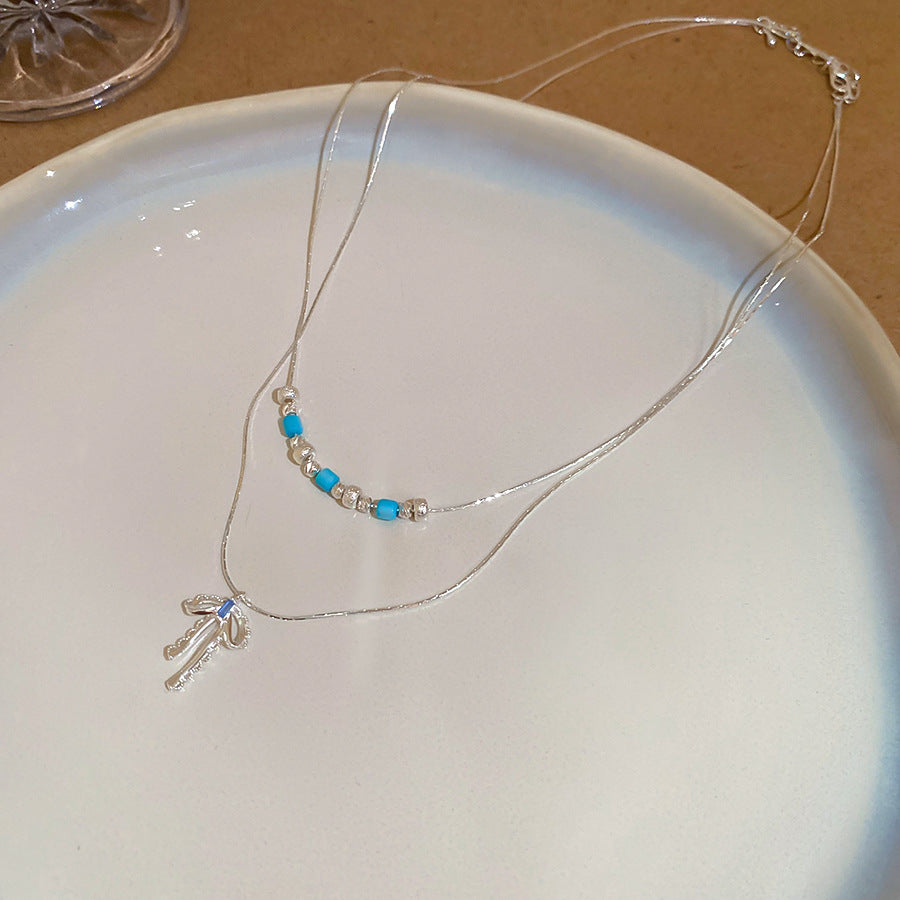 A廠【HN9212】松石鋯石蝴蝶結吊墜雙層項鍊時尚冷淡風鎖骨鏈輕奢高級感頸鍊 25.06-4