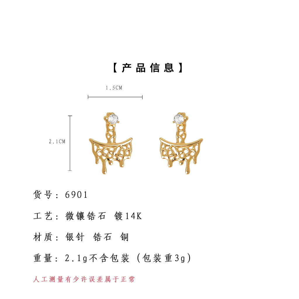 C廠【6901】原始前後戴~液態鏤空熔化熔點個性設計師新鋯石925銀針耳飾耳環
25.10-2