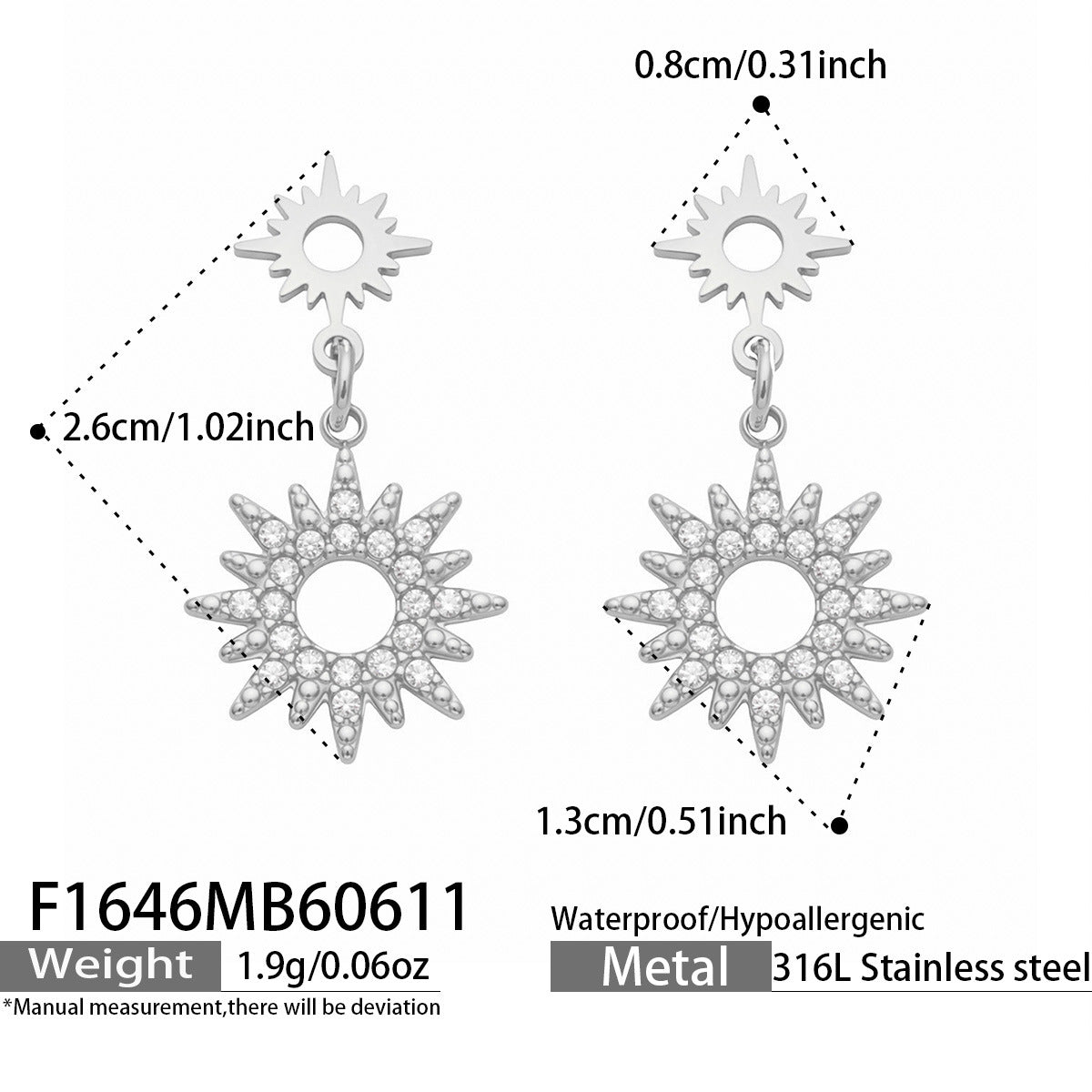 B廠【F1646】太陽花滿鑽5A鋯石吊墜耳環不鏽鋼鍍18k金耳環歐美時尚百搭耳環女
26.06-3