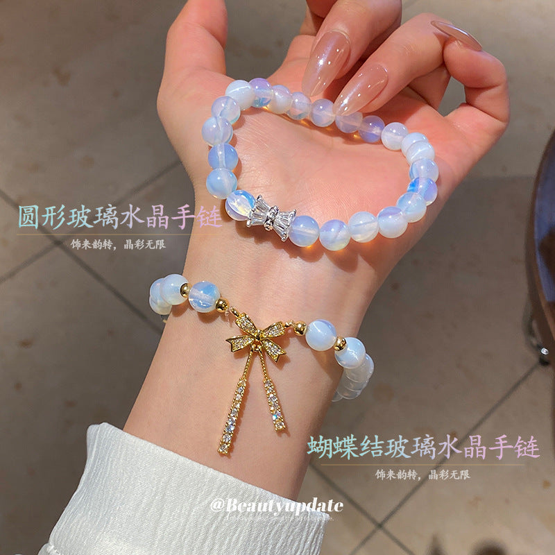 A廠【HB3519】蛋白水晶鋯石蝴蝶結手鍊小眾清新串珠手串高級感時尚百搭手飾手環 25.03-1