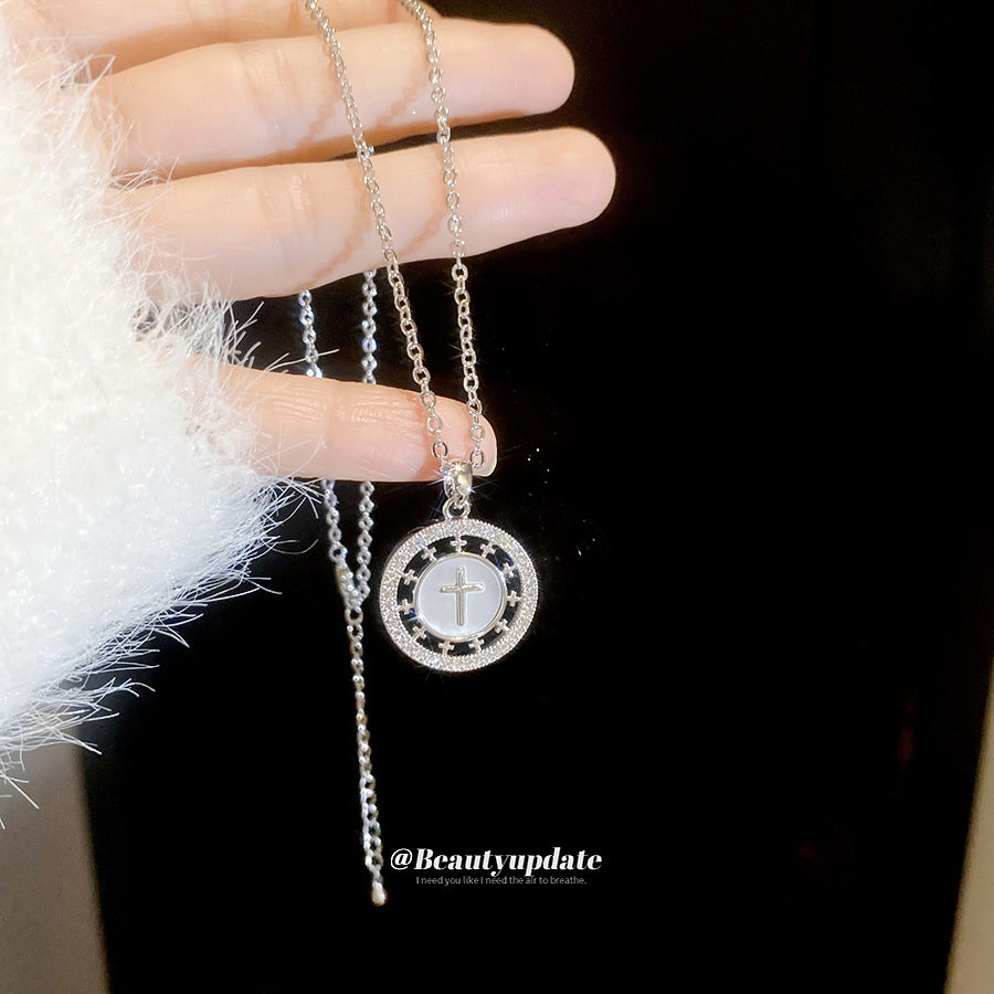 A廠【HN10433】18K真金電鍍鋯石貝母十字架項鍊韓系ins精緻優雅鎖骨鏈小眾頸鍊女
 25.10-5