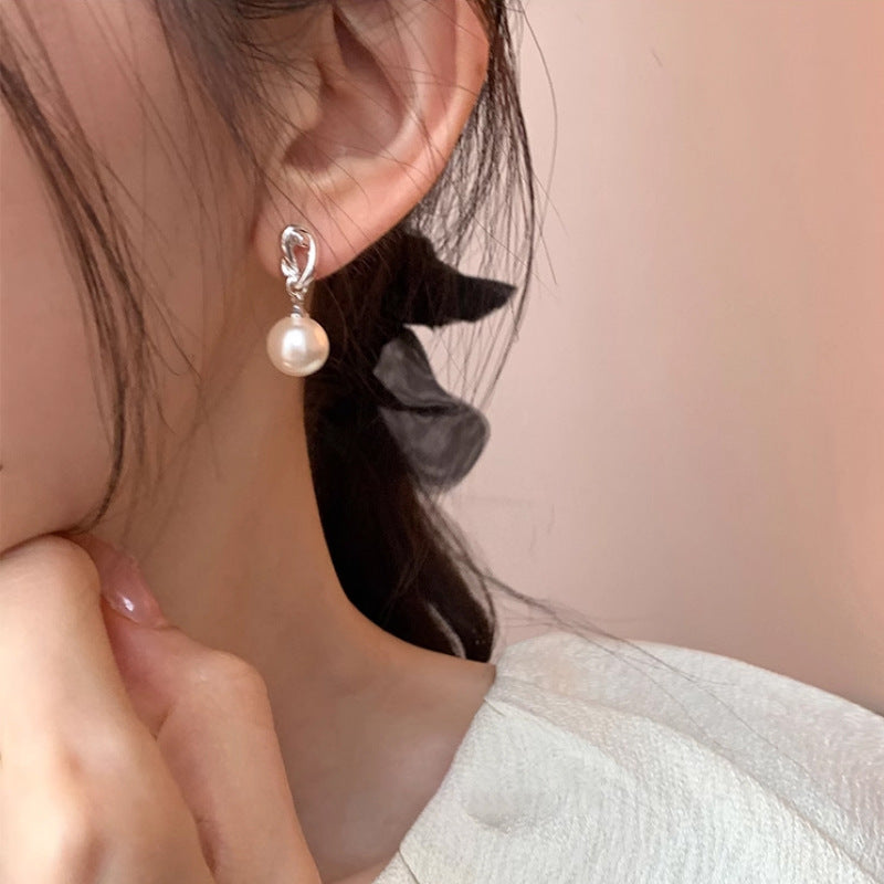 F廠【DQ10590E】S925純銀繩結仿珍珠耳環女ins風韓版扭結小眾設計感耳環耳飾 25.05-1