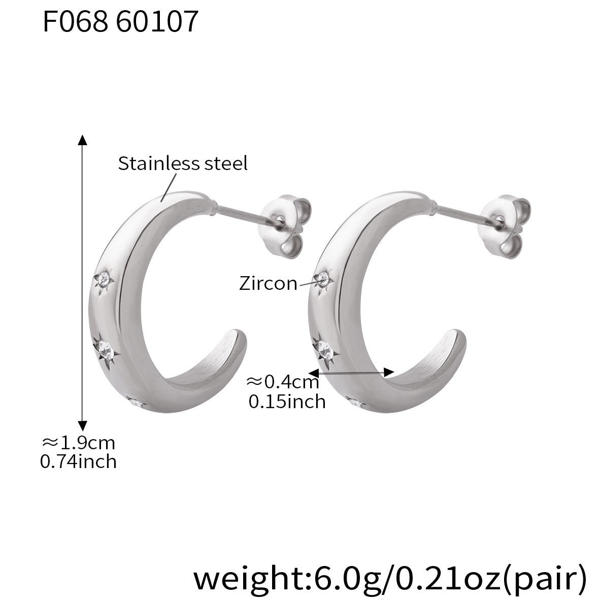 B廠【F068】跨境小眾ins冷淡風C型鑲嵌鋯石耳環不鏽鋼材質鍍18k真金百搭耳飾
26.01-2