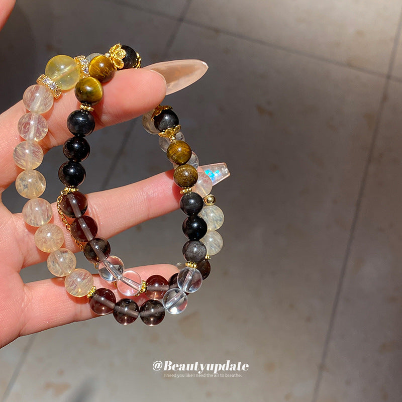 A廠【HB3457】全新中式虎眼發晶鋯石串珠雙層手鍊輕奢高級感水晶手串氣質百搭手飾 25.01-4