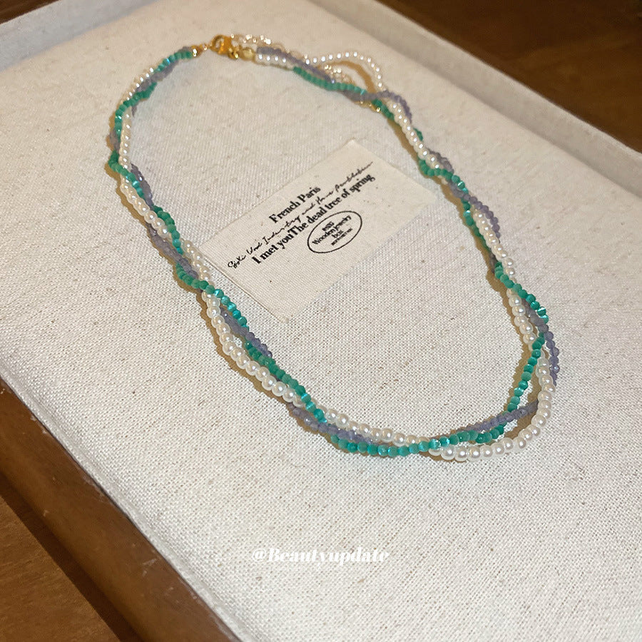 A廠【HN8333】三層纏繞貓眼石水晶珍珠纏繞項鍊女小眾設計簡約鎖骨鏈高級感頸鍊 25.03-4
