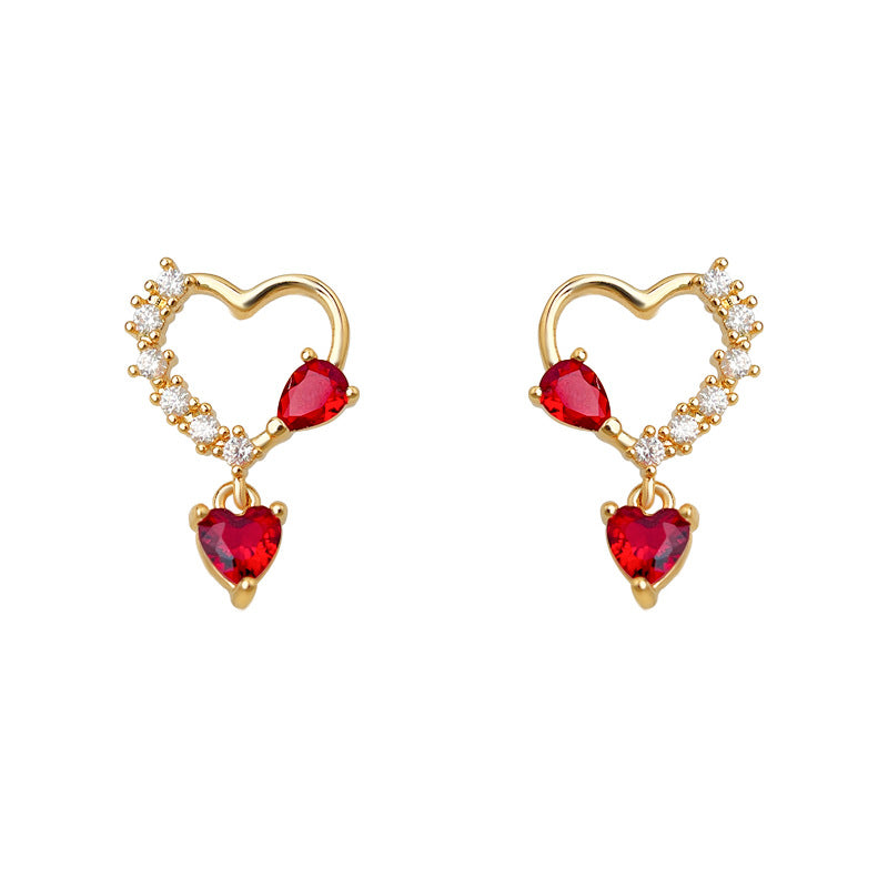 C廠【6381】微鑲鋯石925銀針鍍14K文藝復古簡約通勤酒紅鋯石愛心耳飾耳環 25.07-3