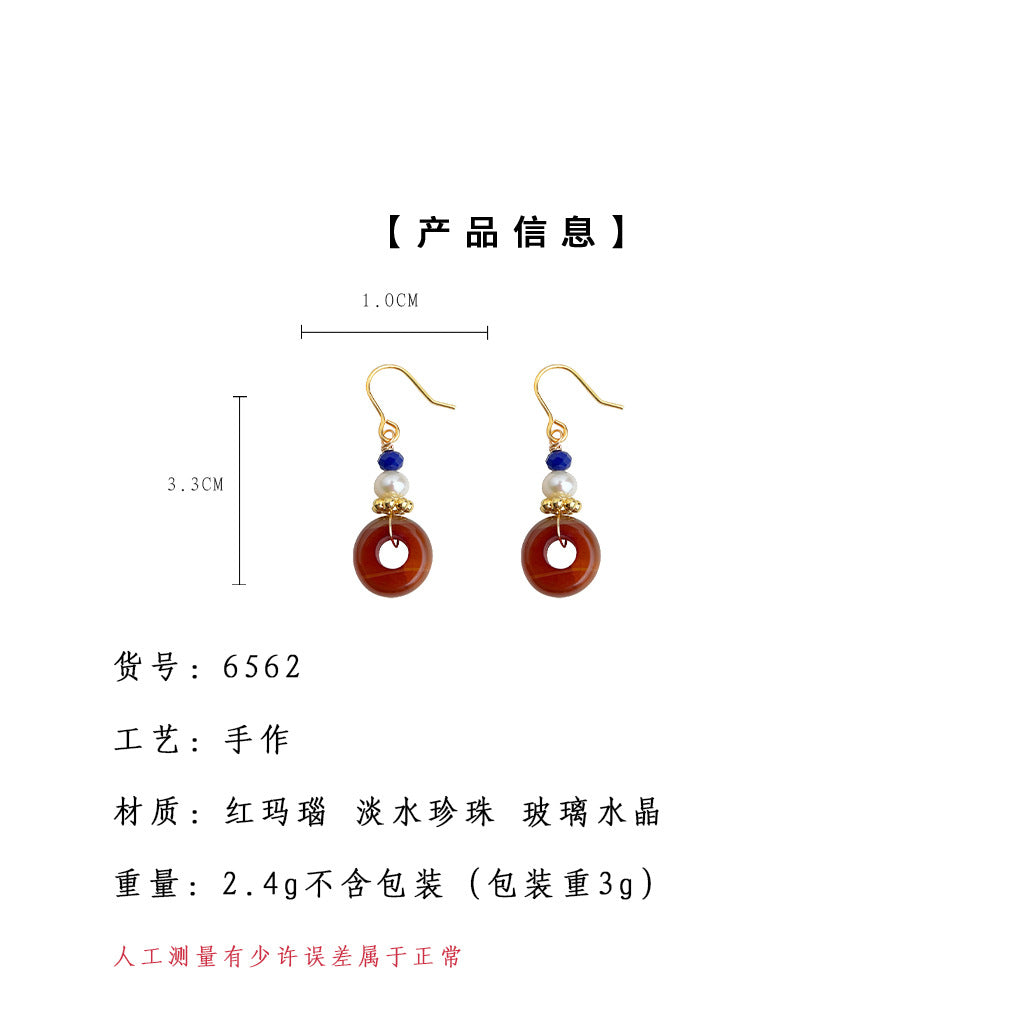 C廠【6562】淡水珍珠紅瑪瑙原創手工耳環文藝復古宮廷風新款耳環飾品 25.08-3