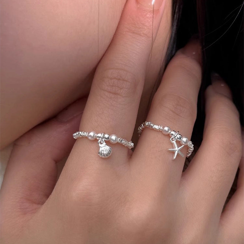 F廠【DQ8316R】ins風海星貝殼仿珍珠碎銀子戒指女S925純銀簡約手工設計指環 25.05-3