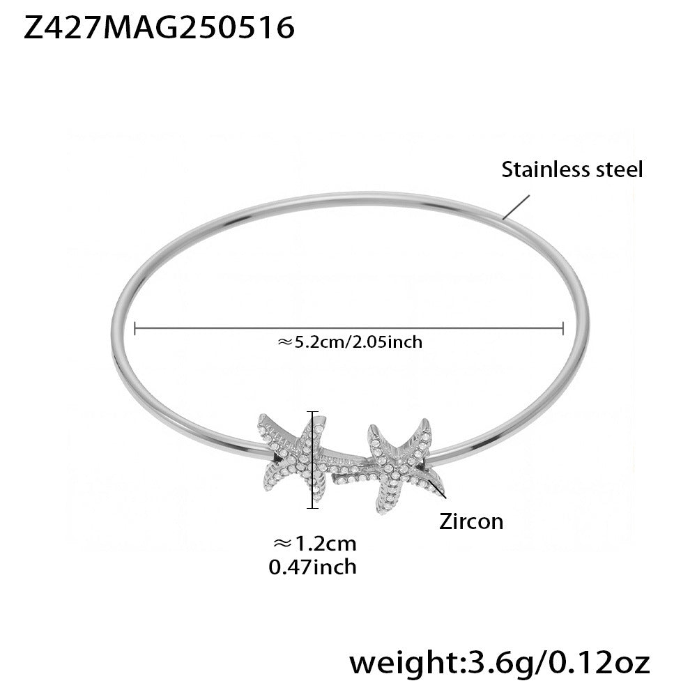 B廠【Z426】歐美INS風5A鋯石花朵帶鑽孔開口手鐲組合不鏽鋼鍍18k真金手鐲子 25.05-4