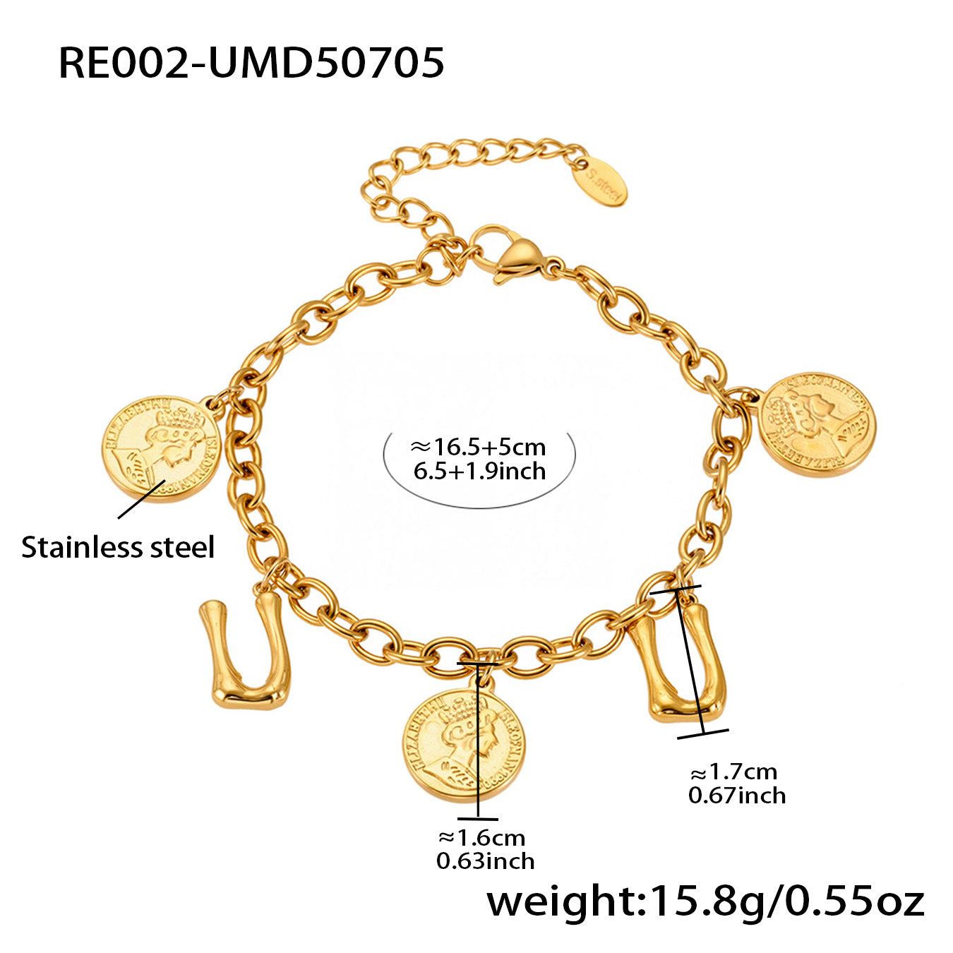 B廠【RE002】歐美飾品不鏽鋼26個字母伊莉莎白女王圖像手鍊鍍18k金色保色 25.07-3