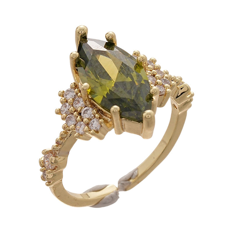 A廠【HR2471】14K真金電鍍橢圓形綠寶石開口戒指復古小眾食指戒輕奢高級感手飾女 25.03-2