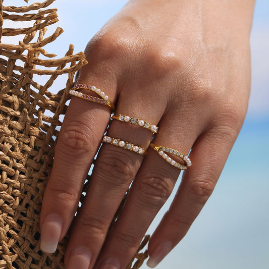 B廠【A030】ins跨境熱銷款幾何雙層貝珠水鑽側開口可調整不鏽鋼戒指女 25.04-4