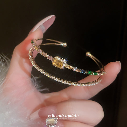 A廠【HB3488】鋯石雙層方形開口手鐲小眾個性設計手環時尚精緻輕奢手飾高級感女 25.02-2