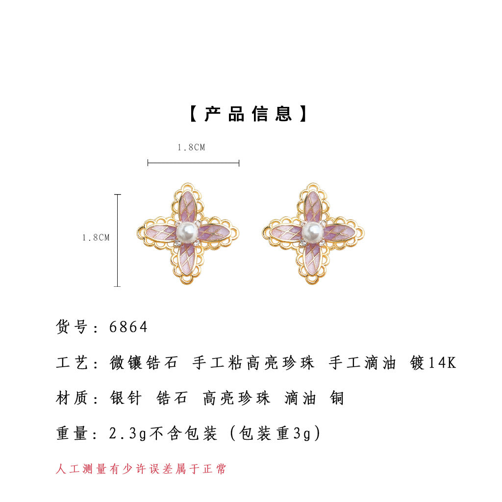 C廠【6864】洛麗塔 原創少女心漸變色925銀針微鑲鋯石彩繪粉色蕾絲花耳環耳飾
25.10-1