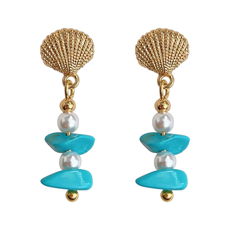 C廠【3634】原創設計手工作品! 貝殼合成綠松石氣質優雅設計師耳環 24.03-2