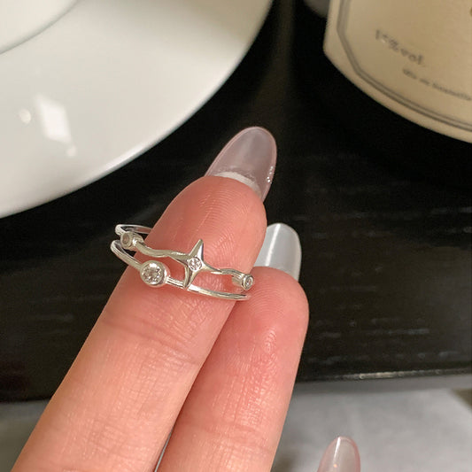 F廠【DQ8811R】S925銀四芒星戒指女小眾設計星星雙層指環時尚個性開口食指戒
 25.10-1