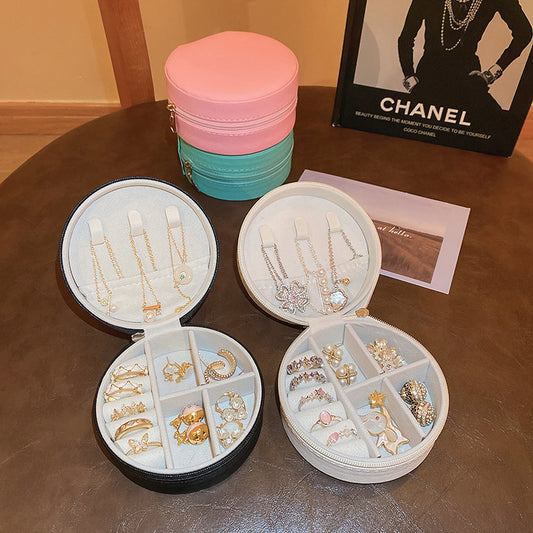 【不含飾品】【AQ113】純色簡約圓形首飾盒耳環戒指防塵收納盒手飾項鍊便捷時尚百搭