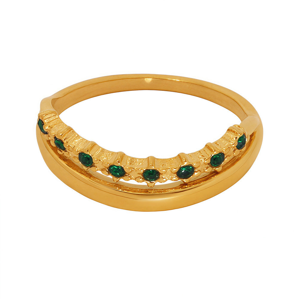 B廠【A013】歐美簡約輕奢風不鏽鋼綠鋯石戒指女尾戒電鍍18k真金不掉色 25.03-3