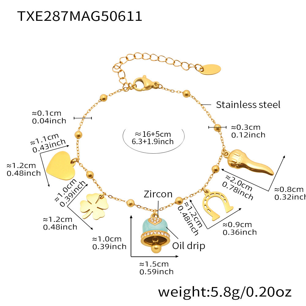 B廠【TXP287】法式浪漫彩釉小鈴鐺愛心幸運草多配件吊墜項鍊手鍊腳鍊套裝 25.06-4