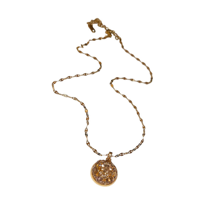 A廠【HN7905】鈦鋼不銹鋼鑲鑽圓形吊墜項鍊女小眾百搭鎖骨鏈輕奢高級感氣質飾品 24.12-1