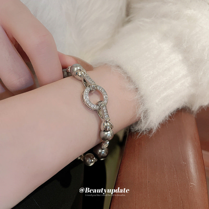 A廠【HB2016】不規則珍珠鋯石圓形手鍊通勤高級感氣質手環時尚百搭簡約手飾 24.01-2