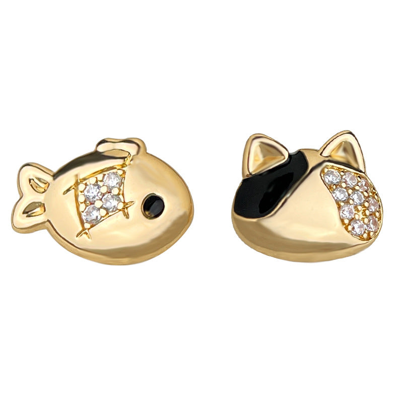 C廠【6931】原創設計不對稱微鑲鋯石925銀針鍍14K小魚與貓咪耳環可愛清新耳飾
25.10-3