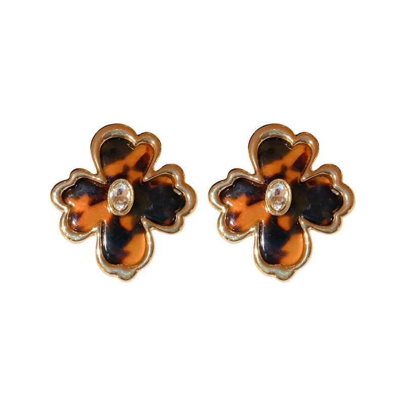 A廠【HE22908】925銀針復古豹紋樹脂花朵耳環新品通勤耳環中古風耳飾輕奢高級感秋冬 24.10-2