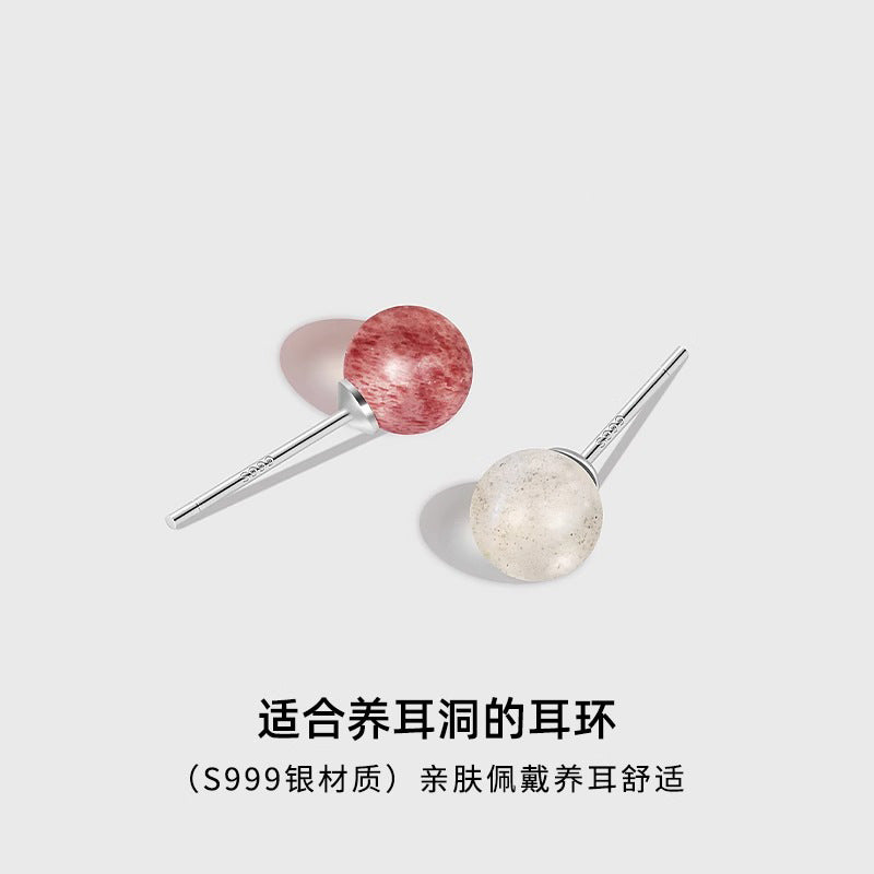 F廠【DQ10029E】足銀999簡約清新草莓晶月光石耳環女時尚精緻天然石純銀耳飾 25.04-4
