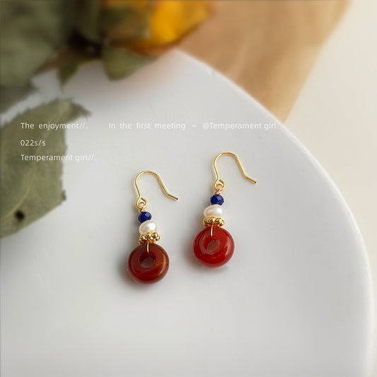 C廠【6562】淡水珍珠紅瑪瑙原創手工耳環文藝復古宮廷風新款耳環飾品 25.08-3