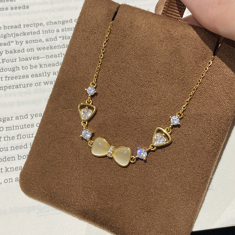 F廠【DQ0048S】法式輕奢蝴蝶結仿貓眼石手鍊S925純銀精緻閃銀色時尚手飾女 25.07-4