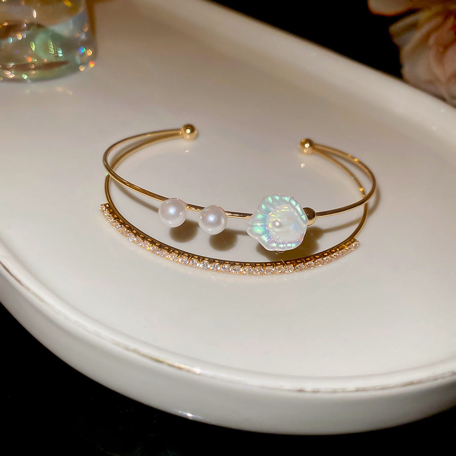 A廠【HB3664】鋯石雙層花朵珍珠開口手鐲2025小眾百搭手環輕奢高級感手飾 25.04-1