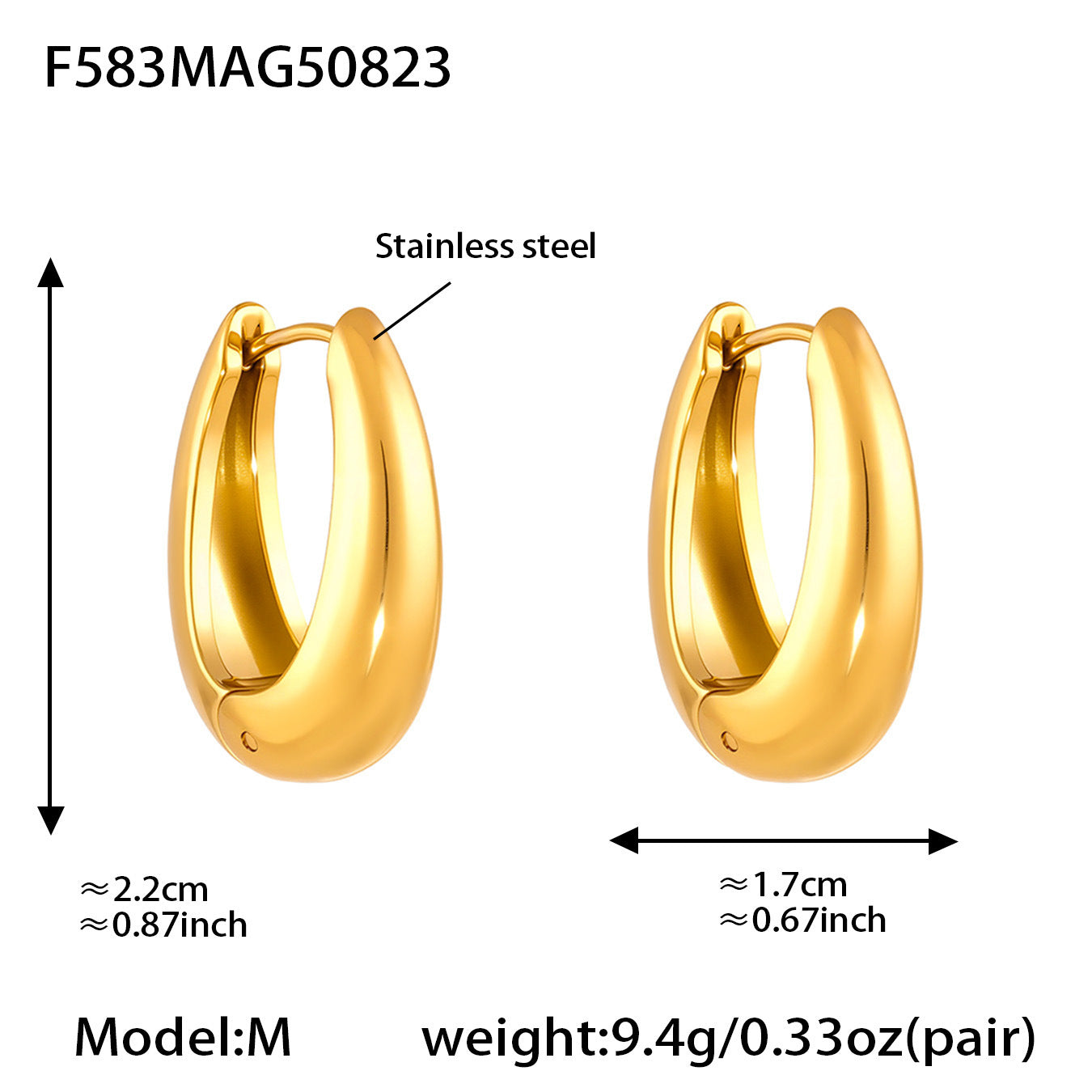 B廠【F583】精拋卡扣U型雙色間電耳環不鏽鋼鍍18k真金耳環歐美百搭新款 25.08-5