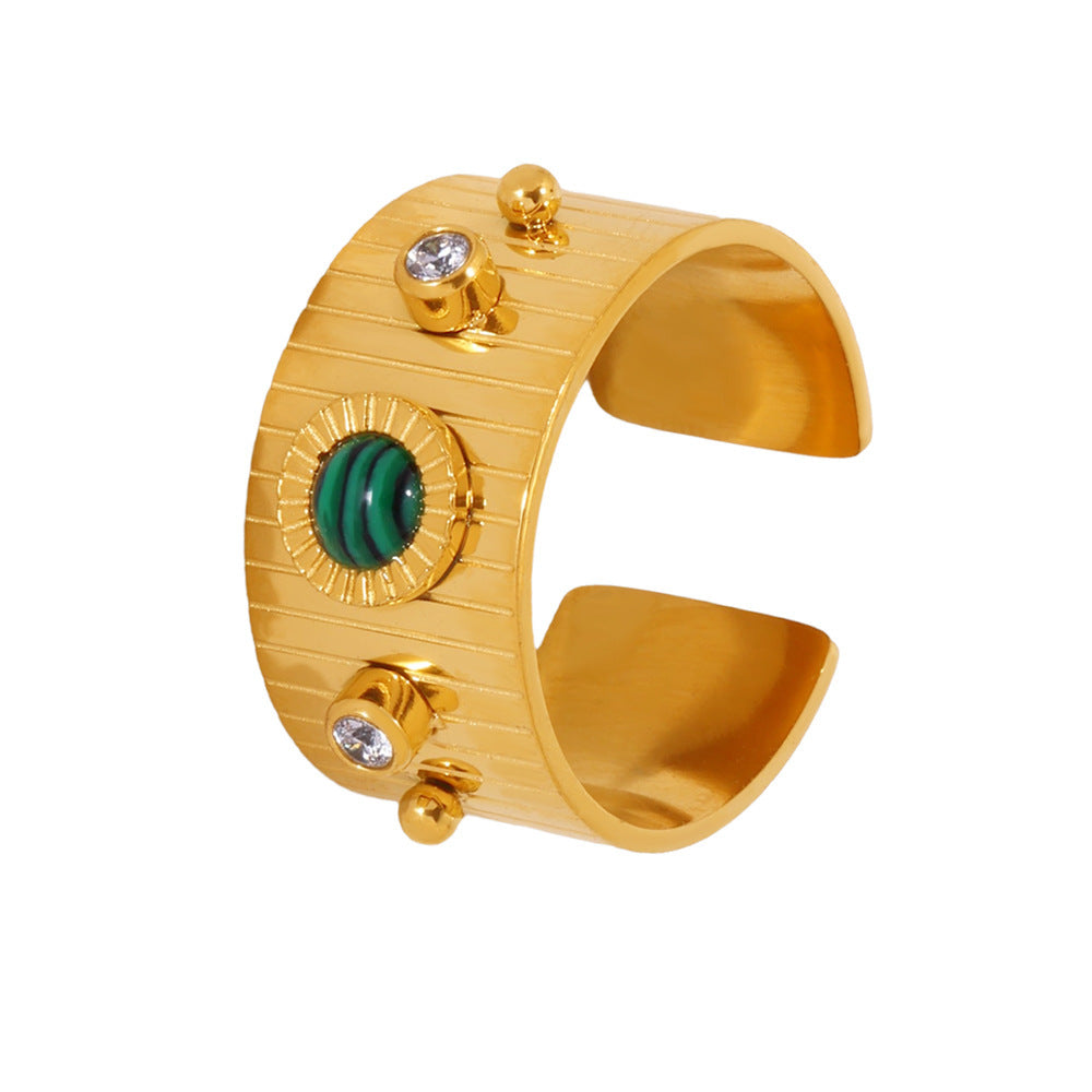 B廠【A802】天然綠松石長條紋鋯石開口可調式戒指不鏽鋼個性霸氣配件品 25.03-3