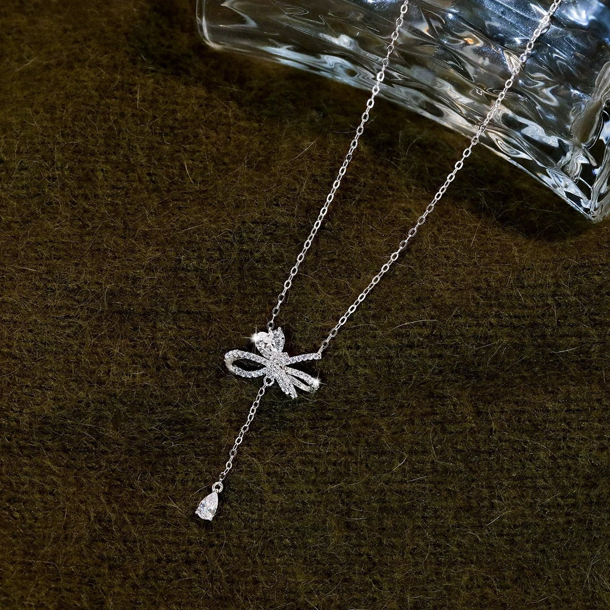 F廠【DQ2093N】S925純銀輕奢小眾蝴蝶結項鍊女愛心閃鋯優雅個性流蘇鎖骨鏈 25.03-2