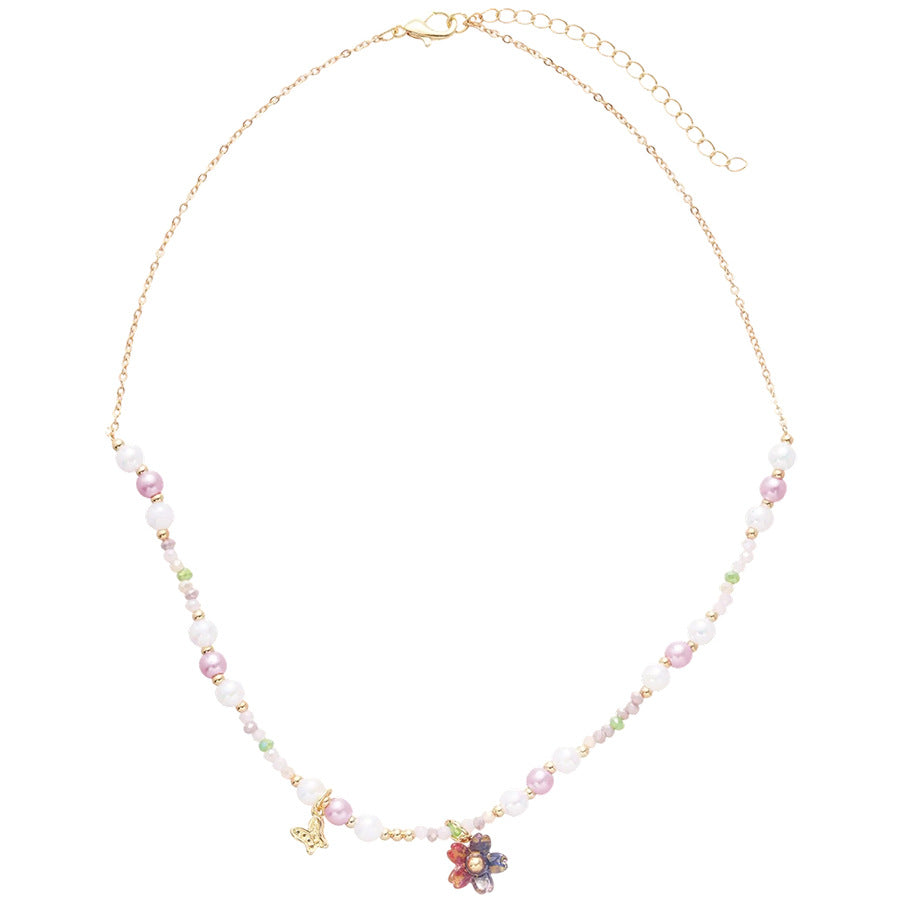A廠【HN8386】貝珠紅紋石鋯石串珠花朵蝴蝶吊墜項鍊多巴胺小清新鎖骨鍊頸鏈 25.04-1