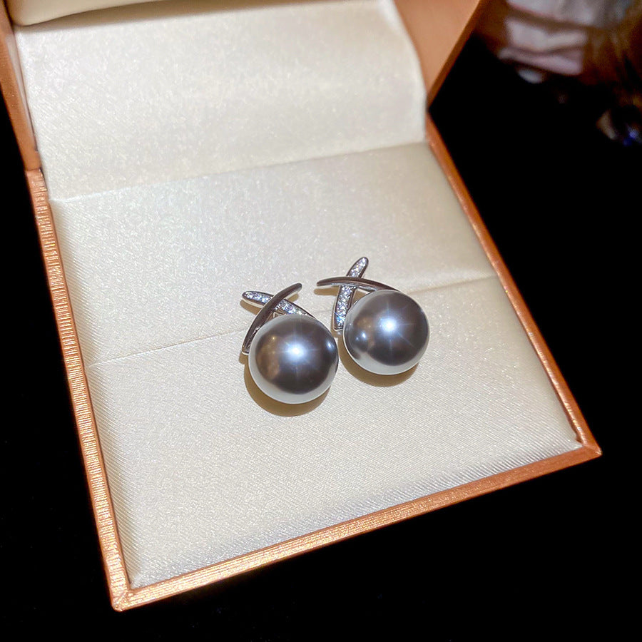 A廠【WE2300】925銀針鋯石交叉珍珠耳環個性簡約氣質耳環女時尚百搭耳飾小眾高級感 25.04-1