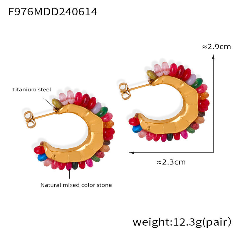 B廠【F976】歐美復古彩色天然石手工串珠耳環時尚小眾百搭鈦鋼C型鍍18k金耳飾 24.06-3