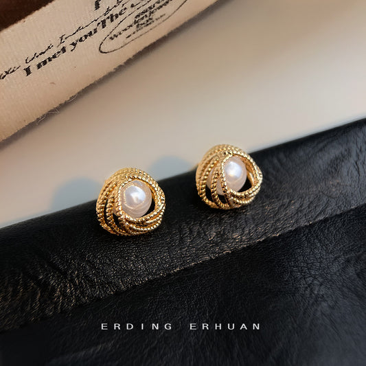 C廠【6239】時尚高級感! 925銀針鍍14K幾何珍珠耳飾女簡約通勤耳環女 25.06-3