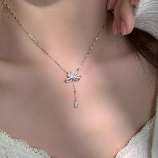 F廠【DQ2093N】S925純銀輕奢小眾蝴蝶結項鍊女愛心閃鋯優雅個性流蘇鎖骨鏈 25.03-2