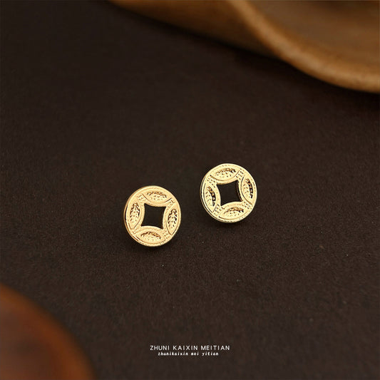 C廠【6546】時尚輕奢風925銀針保色電鍍小巧簡約銅錢新款耳環 創意耳環女 25.08-3