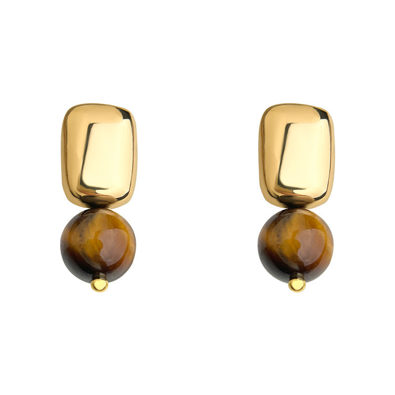 C廠【6947】美拉德風天然石虎眼石時尚高級感鍍14K新款幾何方形耳飾
 25.10-4