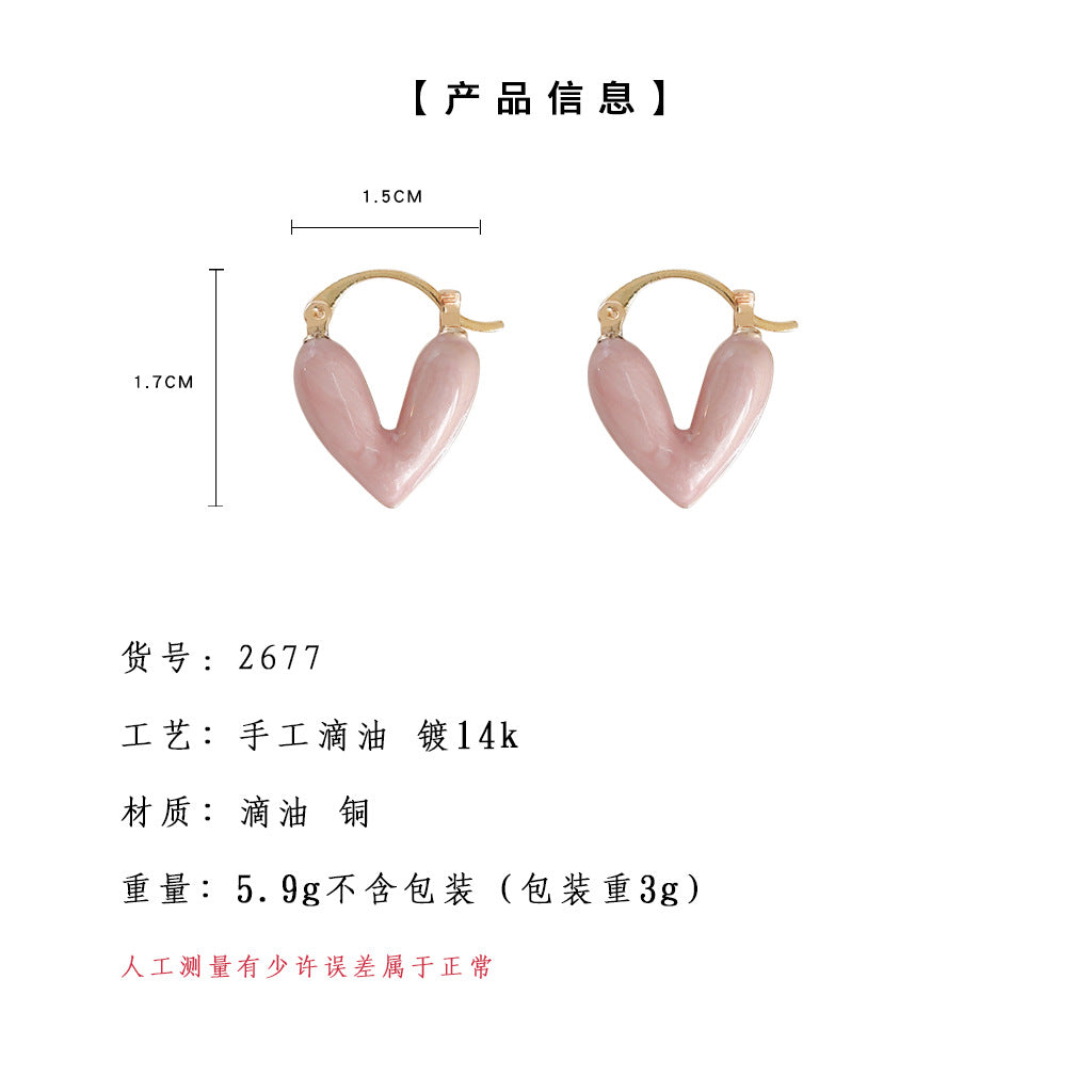C廠【2677】高級感雙面滴油粉色可愛心形甜美耳扣氣質簡約百搭時尚耳飾女 25.06-4