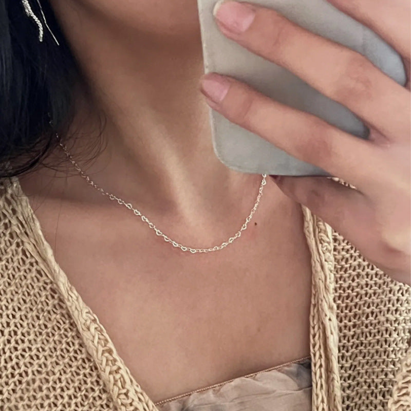 F廠【DQ2088N】足銀999小眾設計愛心項鍊女ins冷淡風素鏈鏤空心形拼接鎖骨鏈 25.03-1