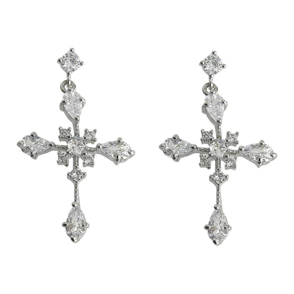 C廠【4036】個性甜酷風ins設計感十字架鑲嵌鋯石銀針耳飾女2024新款耳環 24.05-4