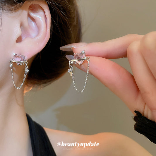 A廠【HE26369】鋯石螺紋愛心鏈條流蘇耳環女時尚輕奢耳環精緻百搭耳飾小眾高級感 25.05-2